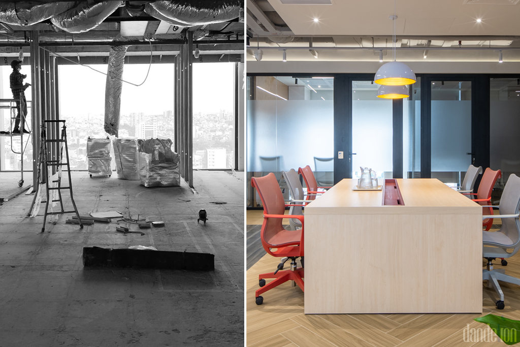 hot desk area before & after interior construction